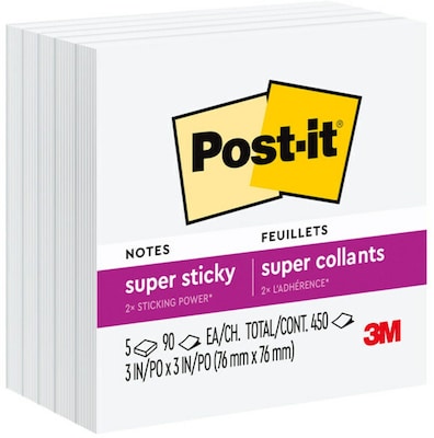 Post-it Super Sticky Notes, 3 x 3, White, 90 Sheet/Pad, 5 Pads/Pack (654-5SSW)