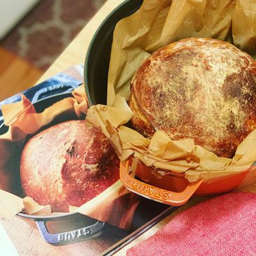 bread in staub with cookbook