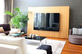 Modern living room with a flat screen TV mounted on a wooden panel