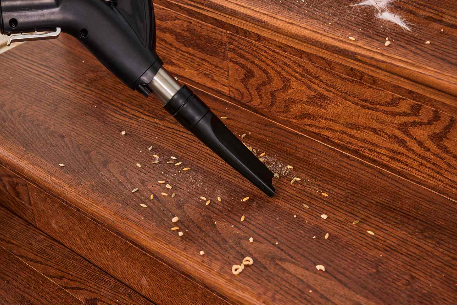 A person vacuums wooden stairs using the Riccar Prima Power Team with Full-Size Nozzle R50FSN.4 Vacuum