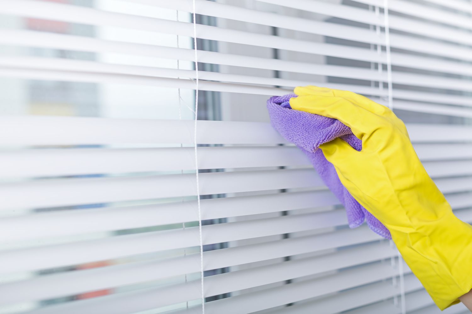 Hand cleaning blinds with purple rag