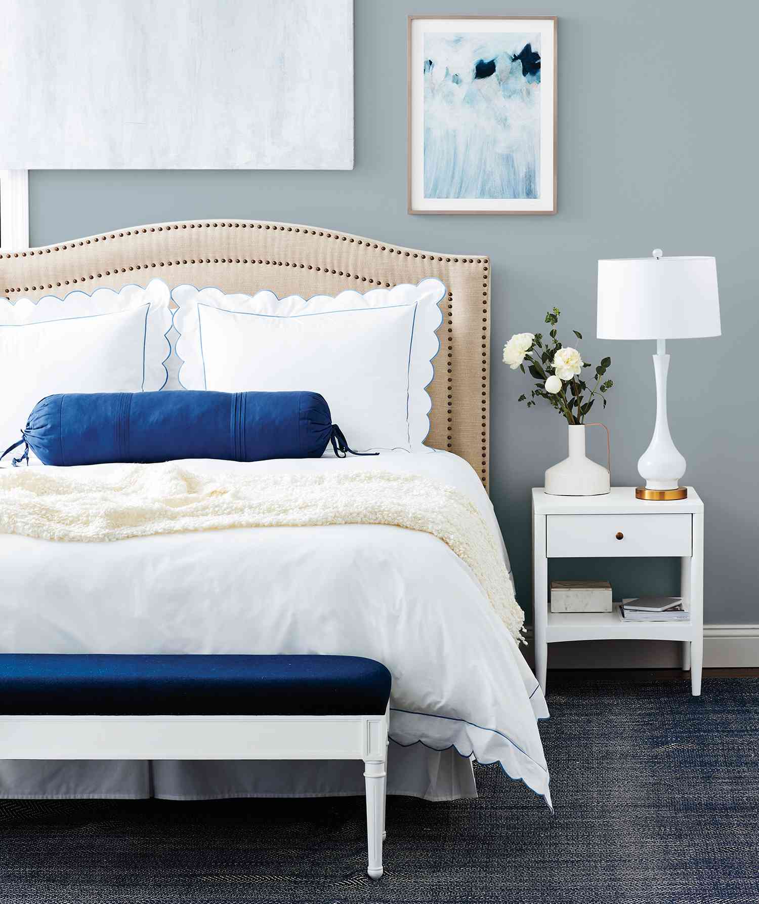 Classic bedroom in grays, blues, whites