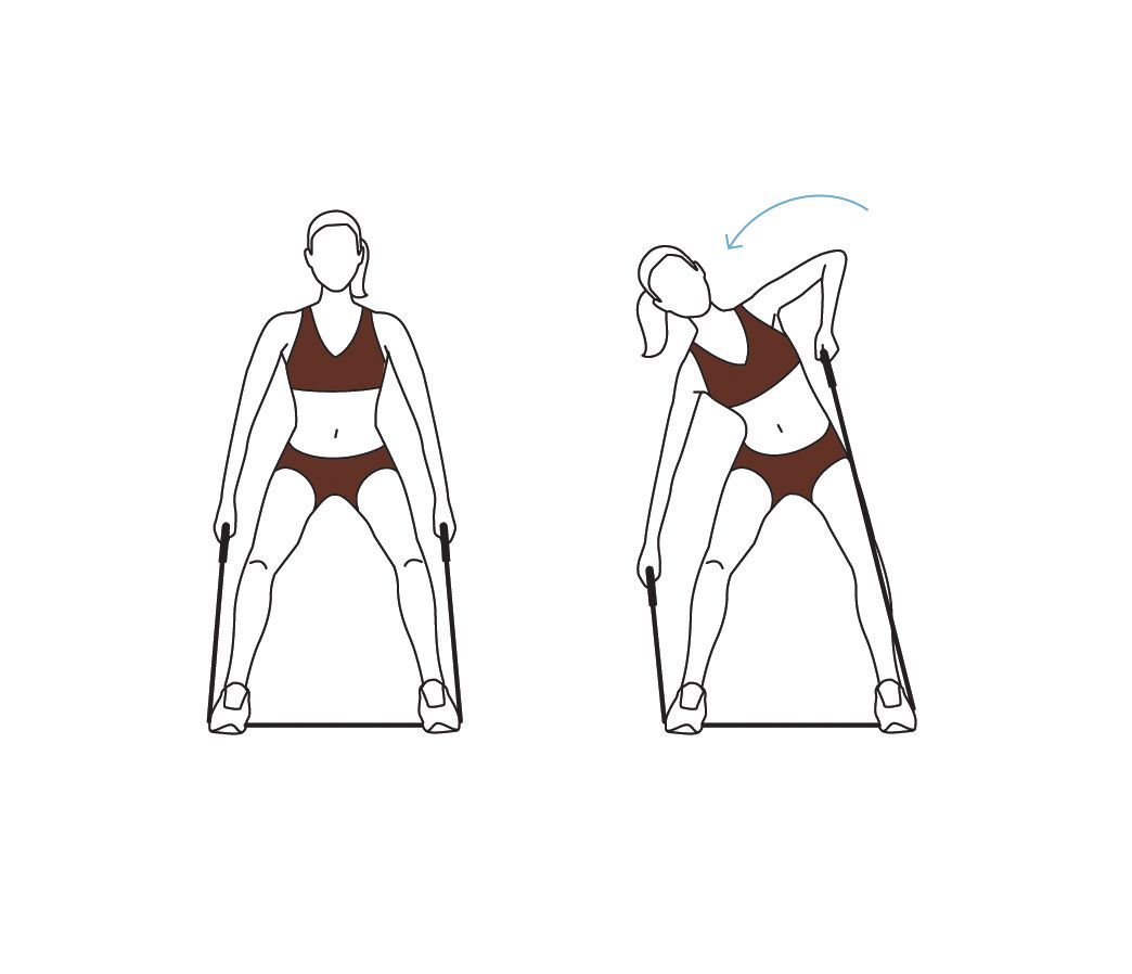 illustration of woman doing a standing side ab exercise with resistance band