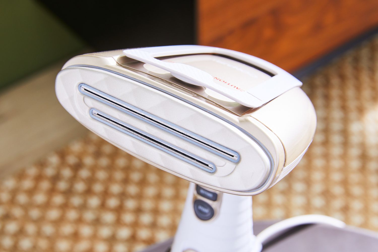 Close-up of the front on the Conair Turbo ExtremeSteam Hand-Held Fabric Steamer where the steam comes out.