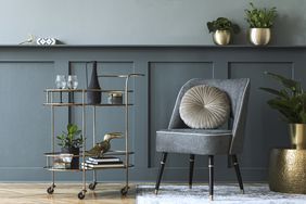 Interior design of living room with stylish armchair. Wood paneling with potted plants a bar cart and home decor