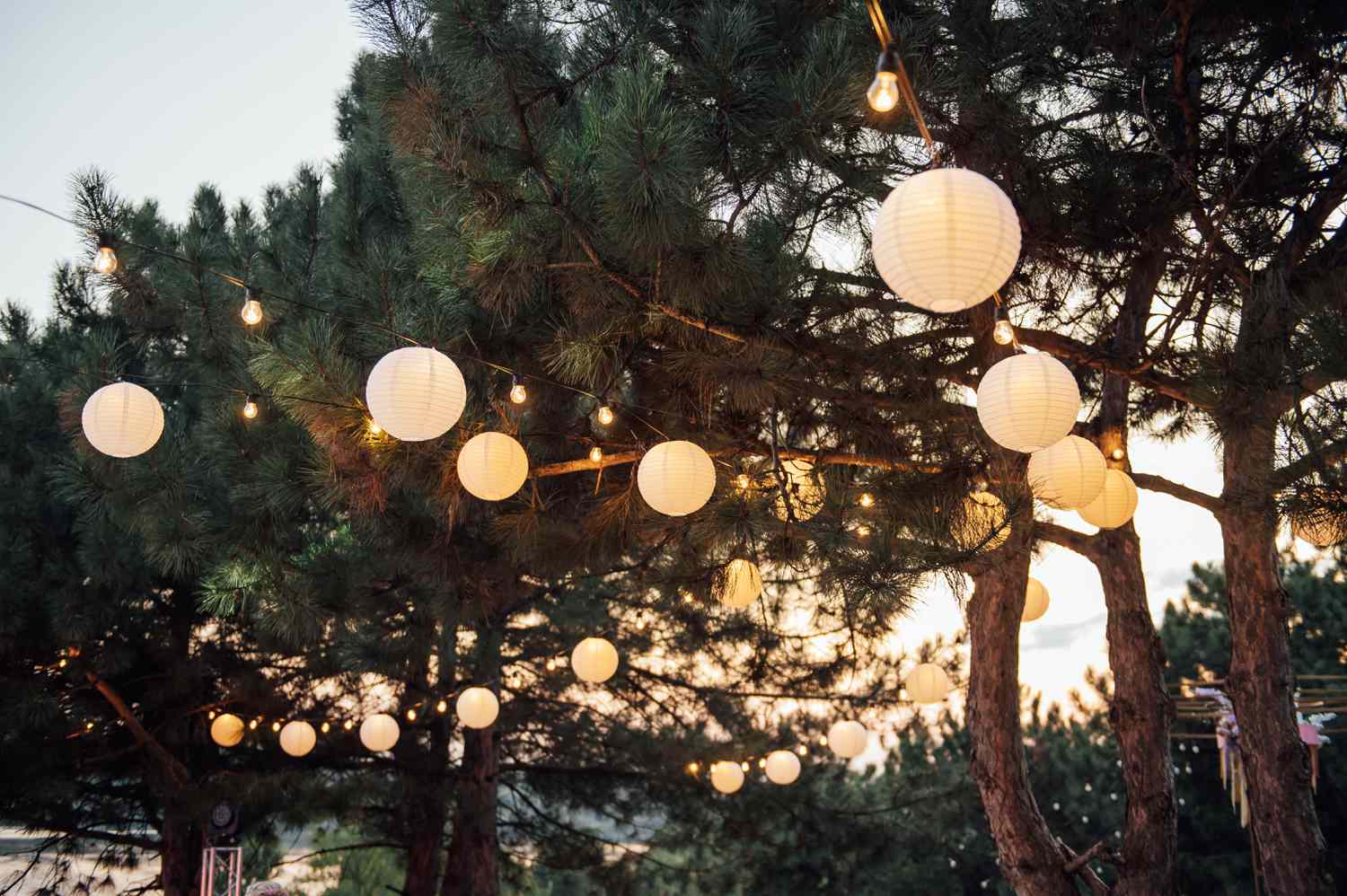 string lights and lanterns hanging in backyard