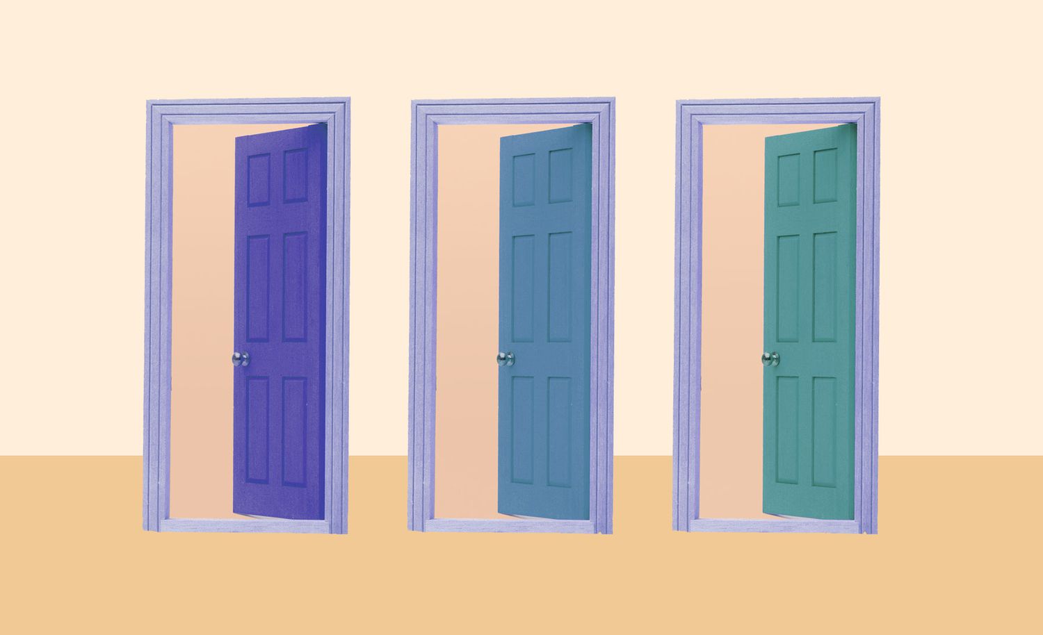 Row of three colorful open doors, showcasing the painted interior doors trend