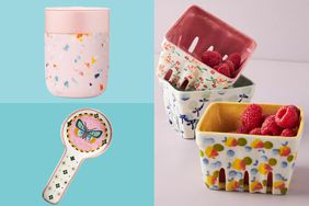 Collage of three practical kitchen items, a travel mug, a spoon rest, and ceramic berry baskets on blue and pink background.