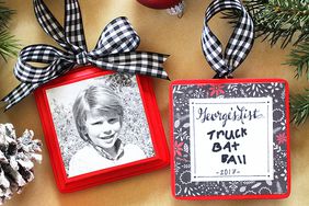 photo ornaments with plaid ribbon bows against a gold background
