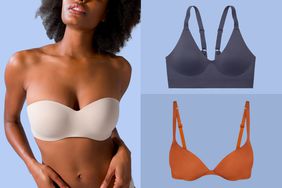 Collage of a model wearing a strapless bra on the left and two other bras on the right over blue backgrounds. 