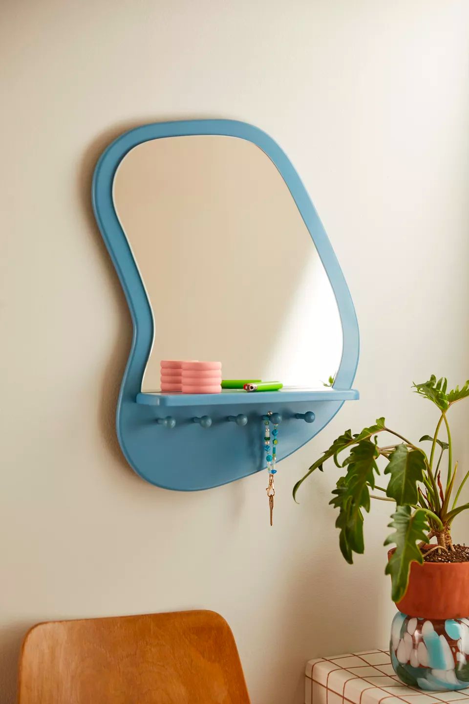 blue mirror shelf