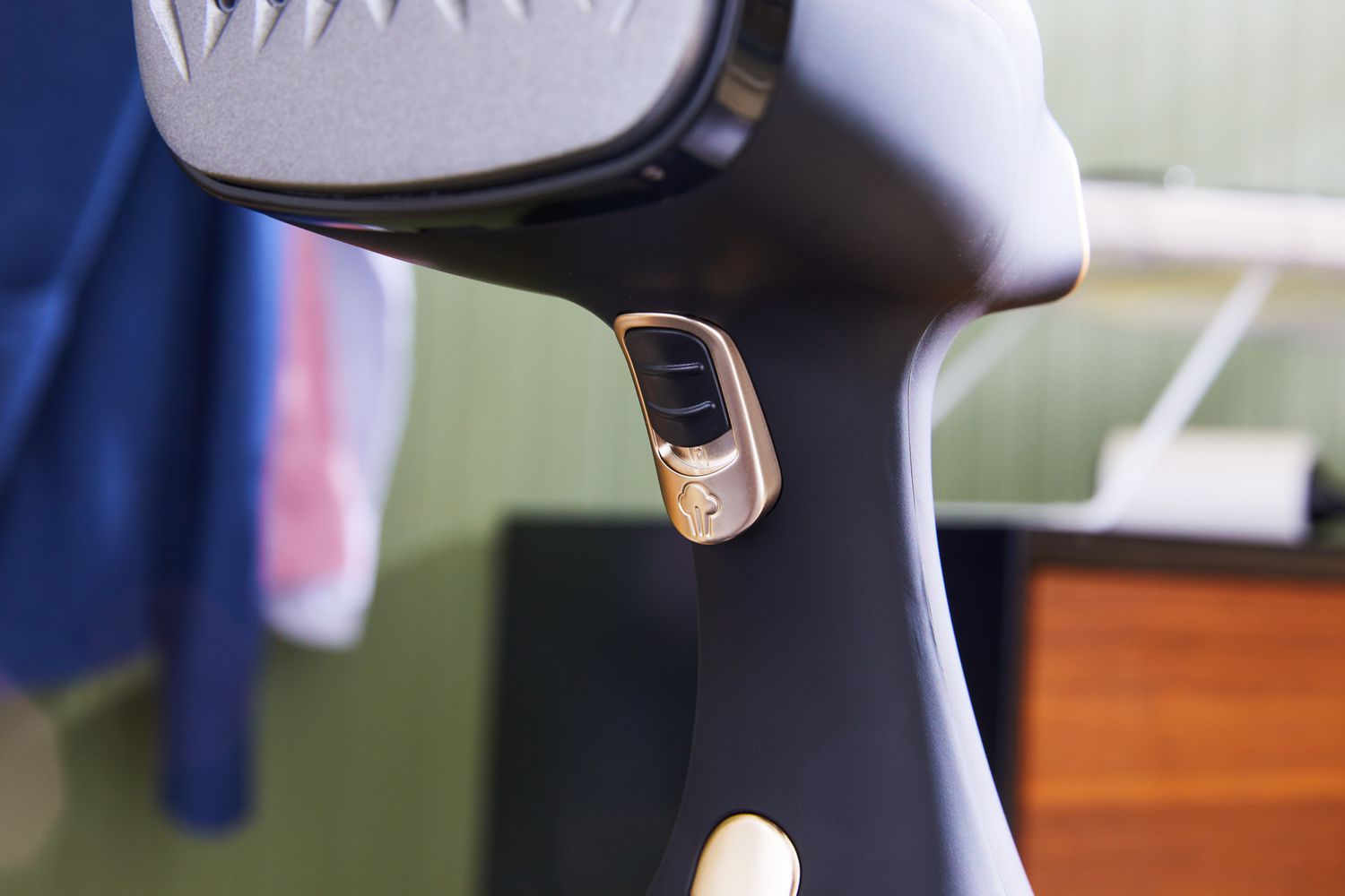 A close-up of the Electrolux LX-15002 Garment Steamer's on button.