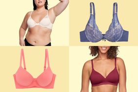 Collage of four bras we recommend on a yellow background