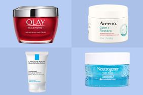 A collage of drugstore moisturizers we recommend on a colorful background