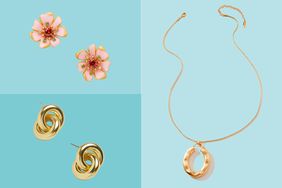 Collage of jewelry from affordable online stores we recommend on a blue background