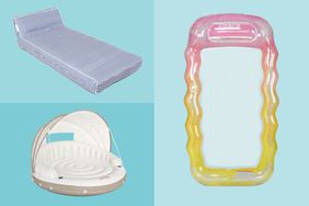 Collage of three pool floats we recommend on a blue background
