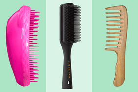 assortment of hair brushes we recommend on a green background