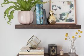 DIY floating shelves with plant, artwork, books