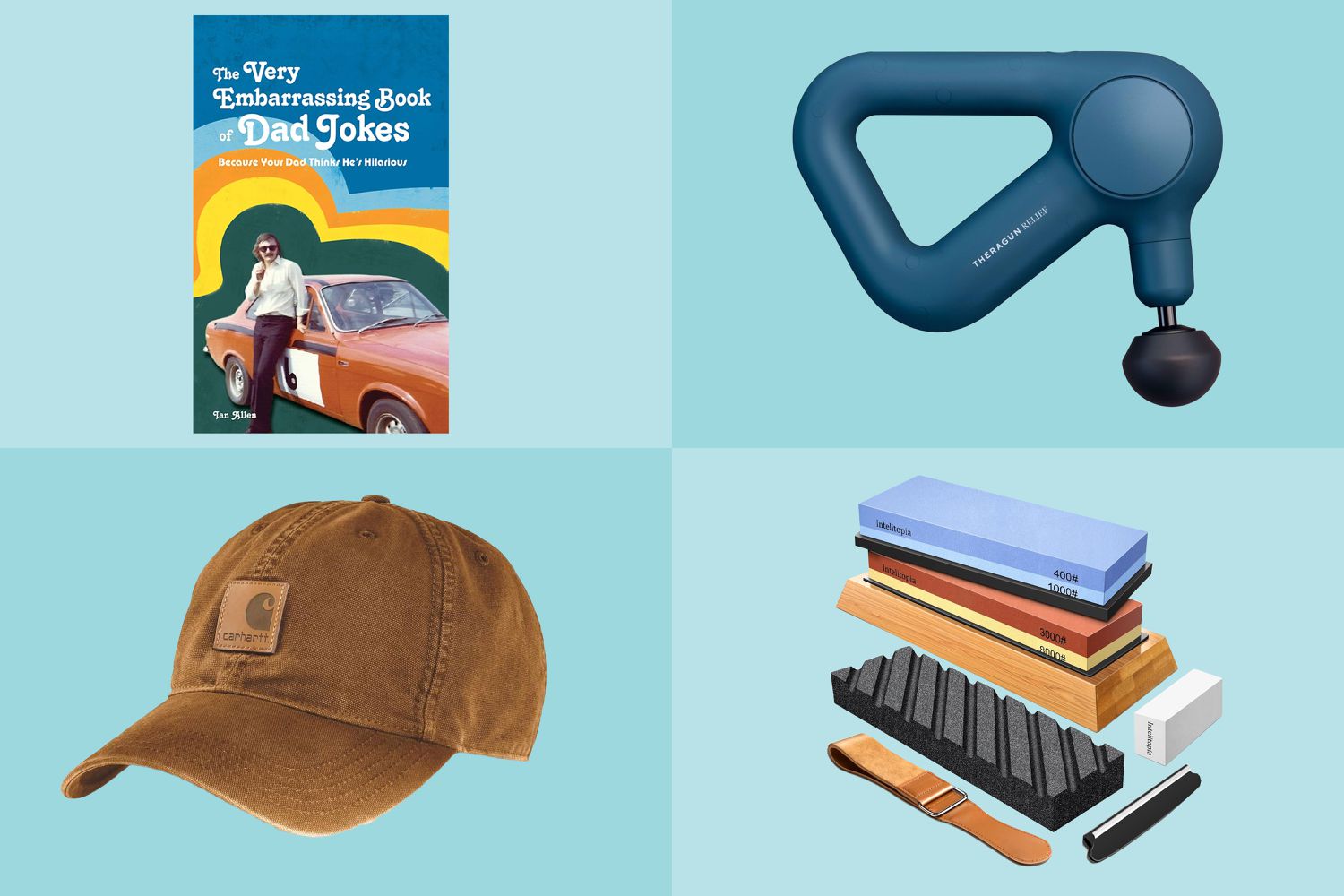 collage of four father's day gifts we recommend on a blue background