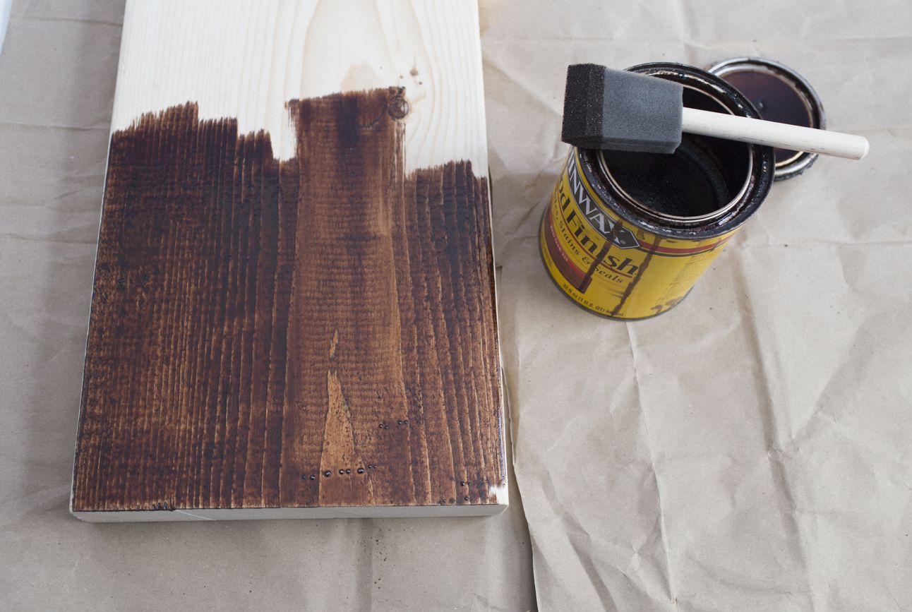 Mid-process, staining pine wood shelf walnut brown