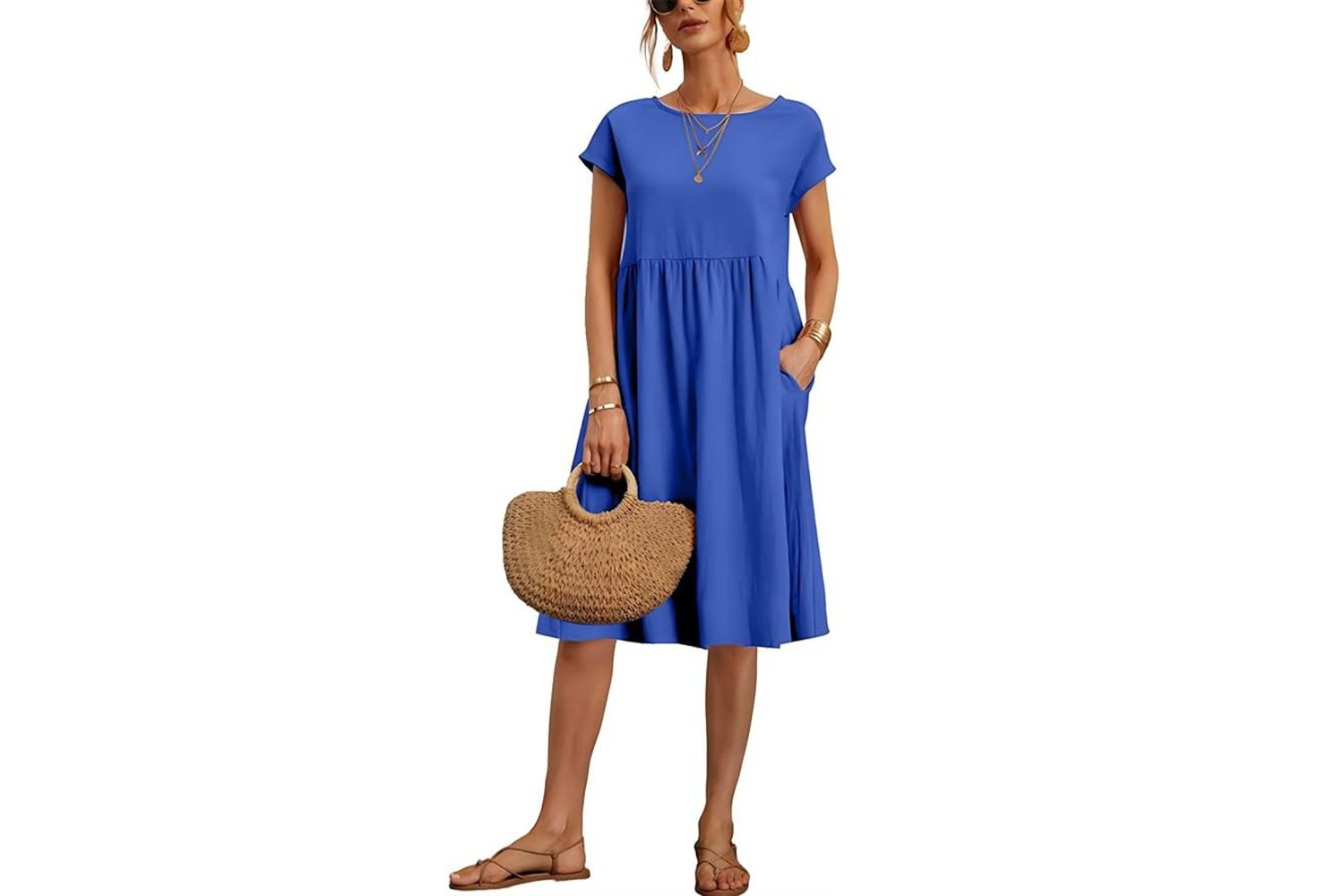 Larmliss Baggy Crew Neck Dress for Women Casual Comfy Cotton Short Sleeve Tunic Beach Dresses with Pockets