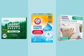 collage of three different Laundry Detergent Sheets we recommend on different blue backgrounds