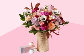 UrbanStems The Fable bouquet and bath bomb gift set on pink background