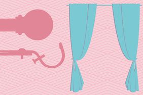 Illustration of blue window curtains and dark pink curtain rod and bracket against a zig-zag light pink background.