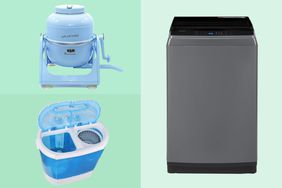 Collage of three Portable Washing Machines we recommend on different green backgrounds