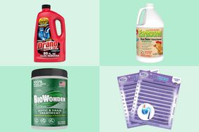 Collage of four drain cleaners on green backgrounds