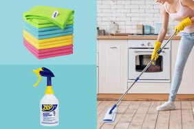 Collage of cleaning cloths, Zep Professional Spray and a person mopping a floor.