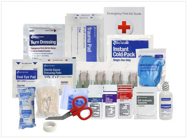 US First Aid and Prep First Aid Supplies including Burn Dressing, Trauma Pad, Cold Packs, Ntrile Gloves, Antiseptic Wipes, Bandage Scissors, Eye Wash, Emergency First Aid Guide, and more.