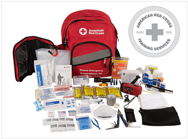 Deluxe 3-Day Emergency Preparedness Kit including Red Cross Backpack, Flashlight, Crank Radio, Bandages, CPR Mask, Hygiene Supplies, and more.