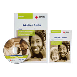 The American Red Cross Babysitter's DVD, Training Handbook, and Emergency Reference Guide featuring a woman babysitter and young girl.