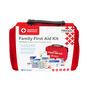 Deluxe Family First Aid Kit, Front View, with Packaging Showcasing Contents of the Kit including First Aid Items, Guides, and Zip Case.