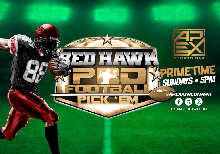 Promotional graphic for Red Hawk Pro Football Pick 'Em event, featuring a football player and event details.