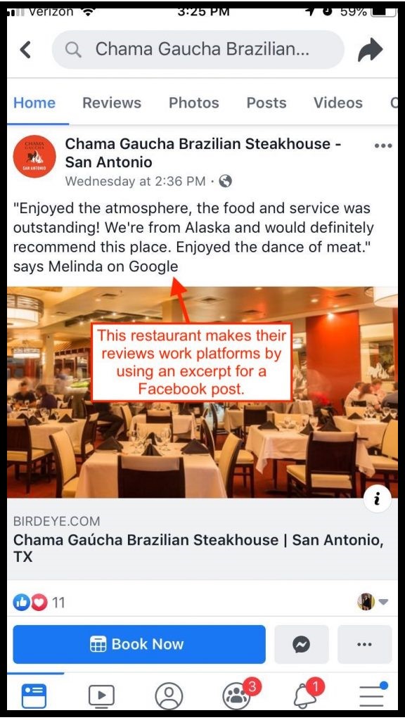 Screenshot of a restaurant sharing a good review on social media