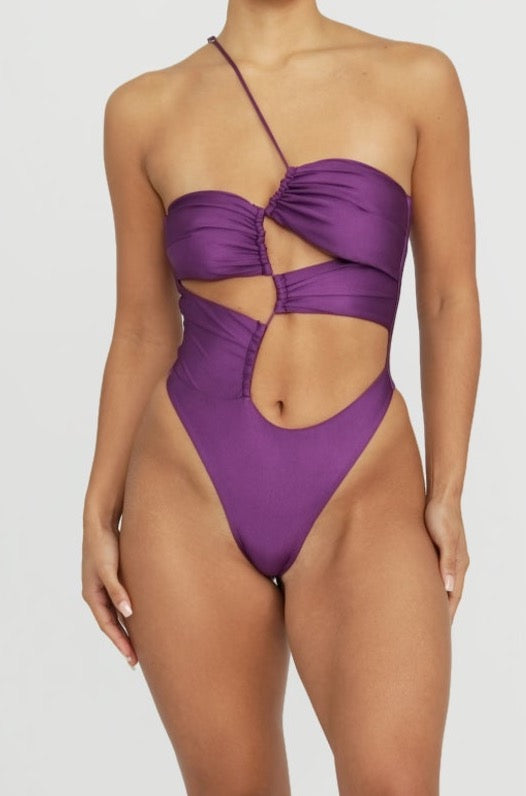 Asymmetrical Single Shoulder One Piece Swimsuit in Plum Purple