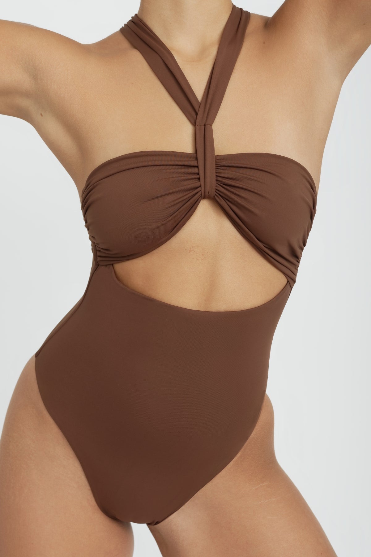 Halter Top One Piece Swimsuit with Cutout Midriff Section in Chocolate Brown