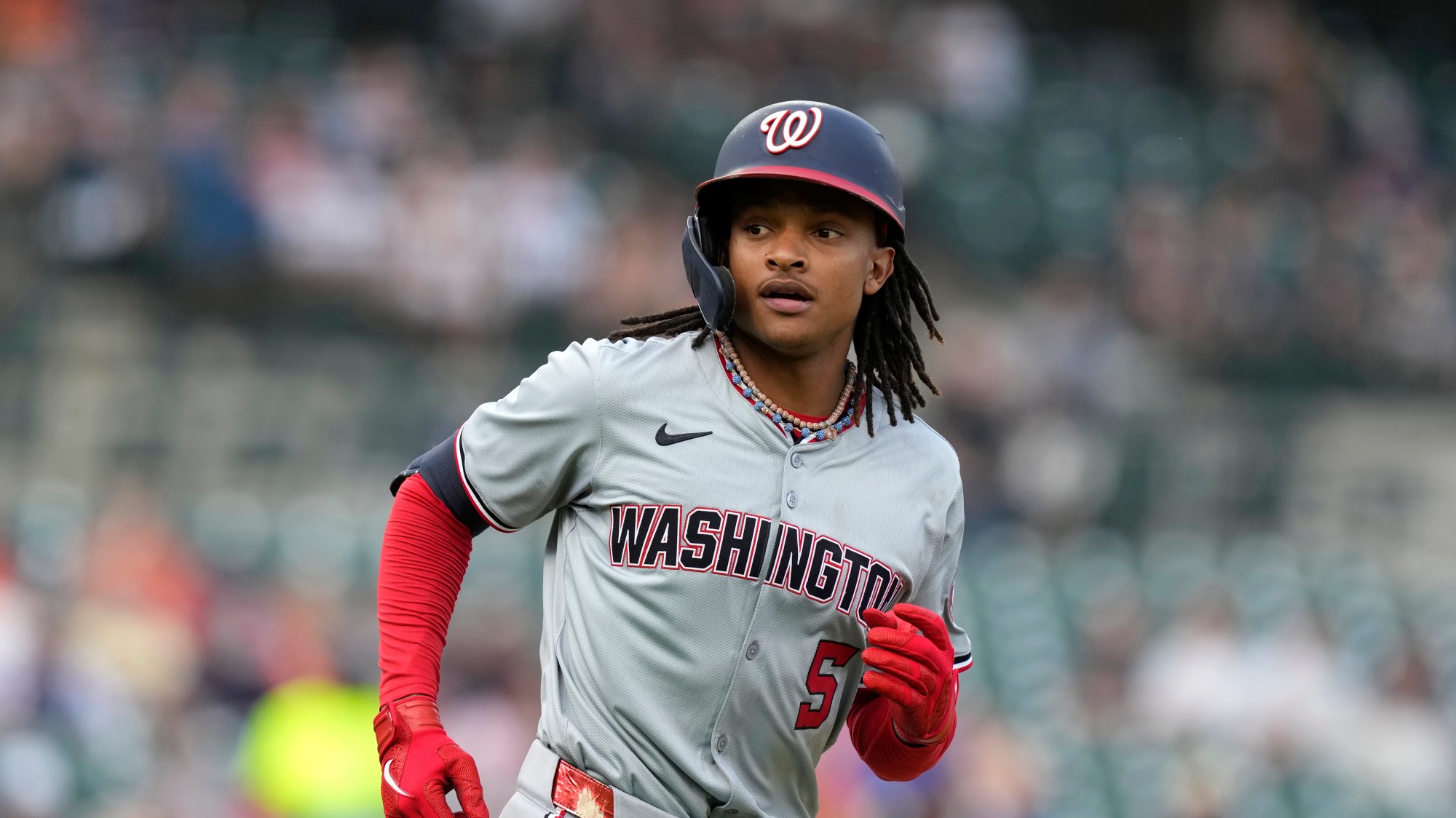 Washington Nationals' CJ Abrams plays during the third inning of a baseball game, Wednesday, June 12, 2024, in Detroit. (AP Photo/Carlos Osorio)