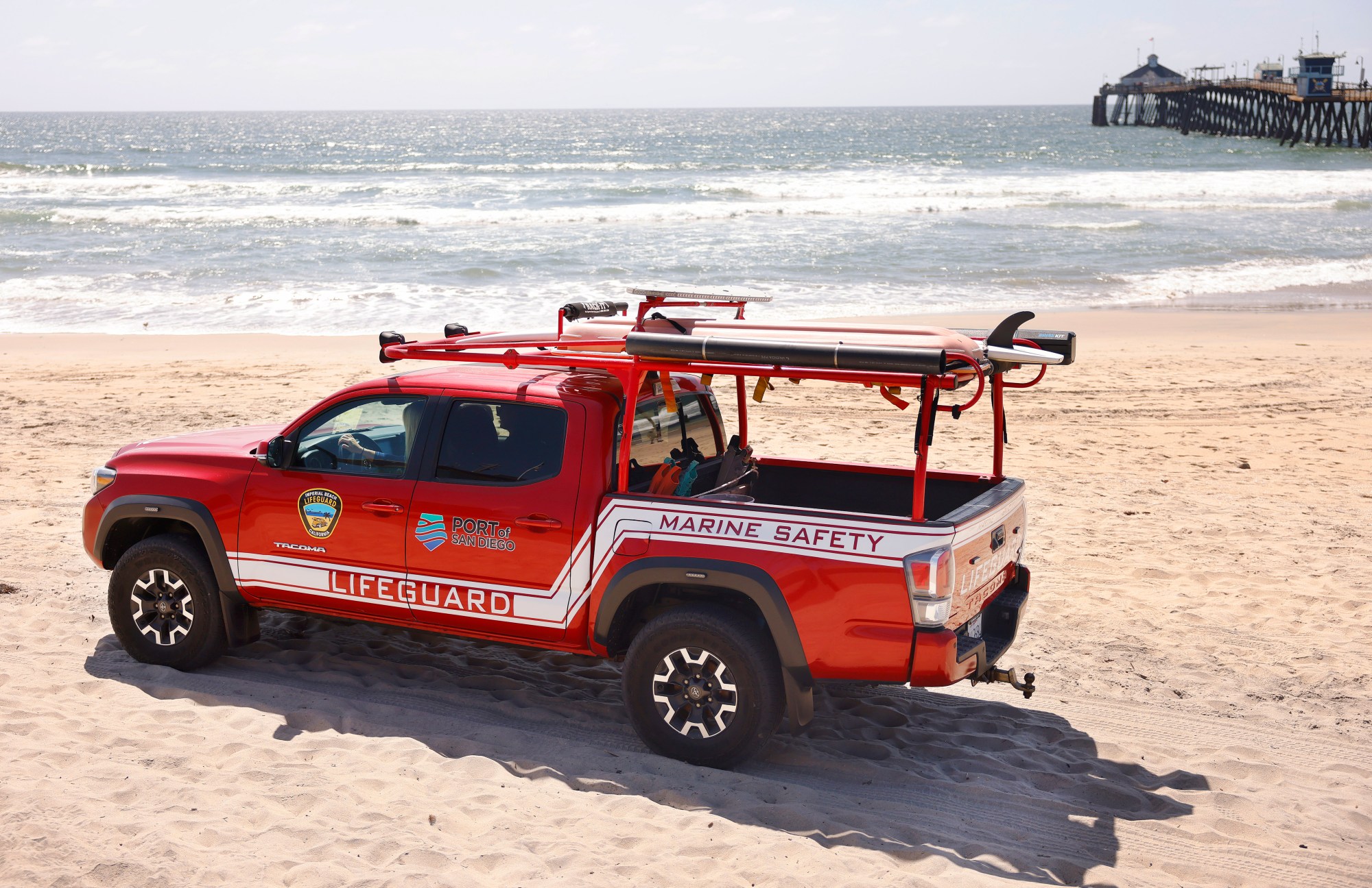 Imperial Beach lifeguards patrol the beach on Wednesday, April 24, 2024. The water in the area has been contaminated for years from the Tijuana River sewage. (K.C. Alfred / The San Diego Union-Tribune)