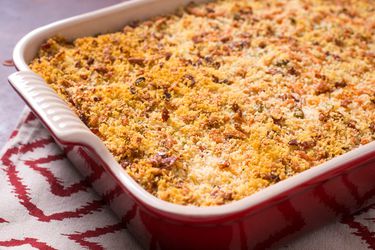 mashed potato with crispy topping in casserole dish