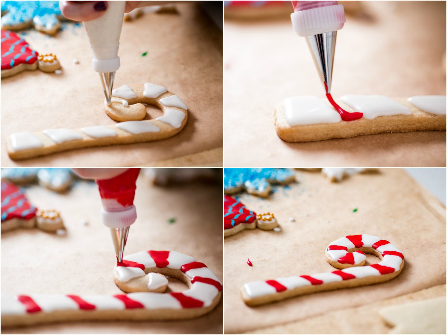 Collage of a candy cane-shaped cookie being decorated with the color blocking technique.