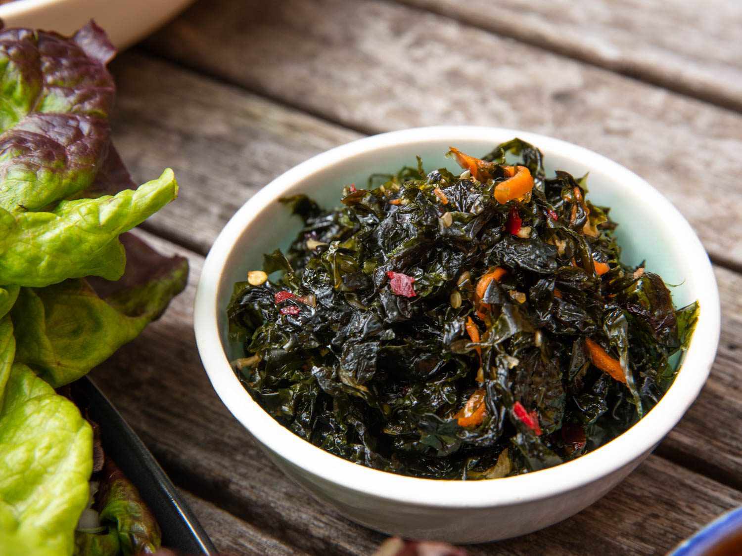 Small bowl of marinated seaweed with chilies