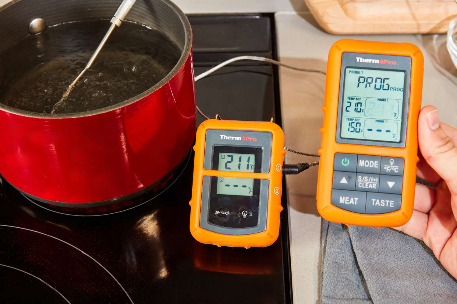 the polder thermometer being used to take the temperature of a pot of boiling water