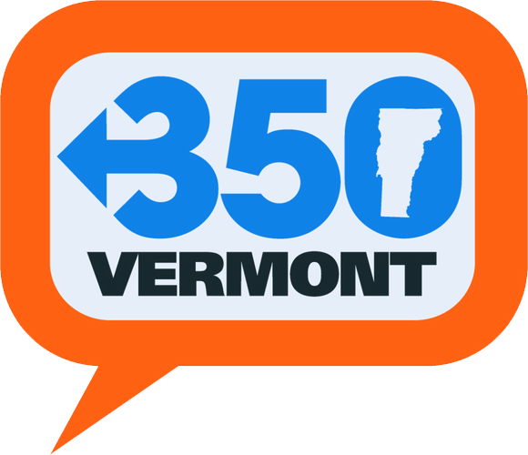 Logo for 350 Vermont - Text inside text bubble including the state of Vermont.