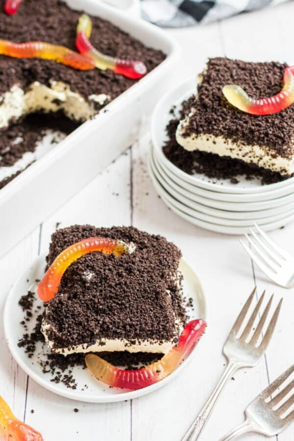 Vanilla dirt pudding cake with gummi worms.