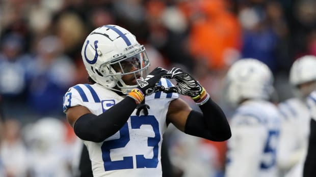 Dec 10, 2023; Cincinnati, Ohio, USA; Indianapolis Colts cornerback Kenny Moore II (23) reacts by making the heart sign to approve a call from the officials during the second half against the Cincinnati Bengals at Paycor Stadium.