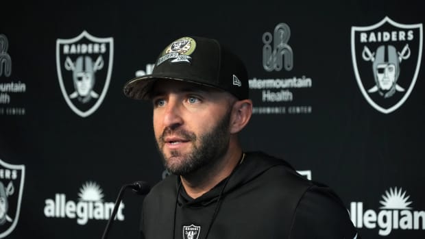 Jul 31, 2023; Henderson, NV, USA; Las Vegas Raiders offensive coordinator Mick Lombardi during training camp press conference at the Intermountain Health Performance Center. Mandatory Credit: Kirby Lee-USA TODAY Sports