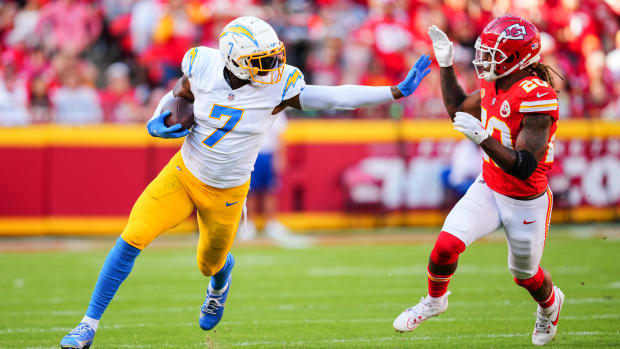 Gerald Everett makes a reception and turns upfield against the Chiefs.